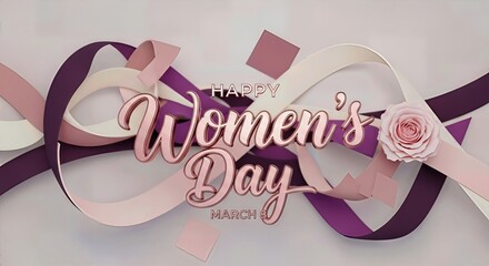 Happy Women's Day March 8 congratulatory message. Elegant metallic inscription, flowing purple, pink, white ribbons, delicate paper rose. Female empowerment global tribute concept.