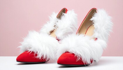 Women's shoes with soft red heels made from fluffy plush cotton. A playful concept fusing current trends and fashion.