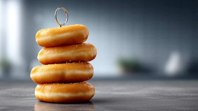 Stack of four golden donuts with a metal ring on top, showcasing a delicious dessert arrangement with a smooth surface and soft texture in a modern kitchen setting
