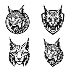 Fototapeta premium Set of lynx heads, wild lynx silhouettes with tribal patterns, isolated on white background. Lynx logo, wild cat, tribal animal pattern, predator head, wildcat