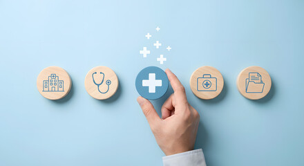 Healthcare medical icons, hand holding plus sign