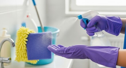 Close-up of Hands in Purple Gloves Spraying Cleaner on Sponge for Home Hygiene and Disinfection