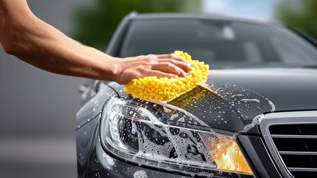 Hand scrubbing black car hood with yellow sponge, applying soapy water in a continuous motion, showcasing effective vehicle cleaning techniques and attention to detail in automotive maintenance