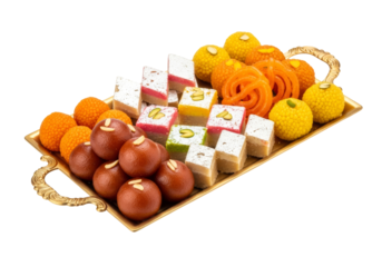 assorted indian mithai platter on brass serving tray