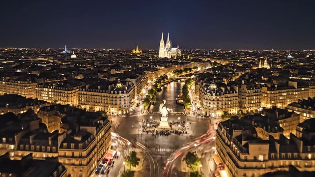 Cityscape at night with historic church and illuminated buildings alongside a river, depicting bustling urban life and transport light trails