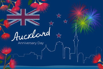 Auckland Anniversary Day vector illustration featuring Auckland skyline, New Zealand flag, iconic pohutukawa tree and festive fireworks. Greeting card design horizontal layout. 