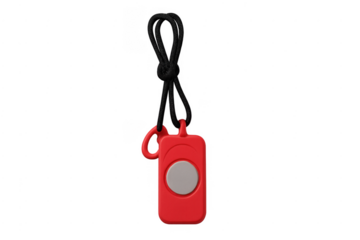 Red personal alarm with black lanyard for safety