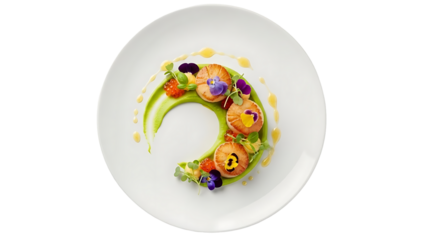 A gourmet dish featuring perfectly seared scallops arranged in a crescent shape with vibrant green puree