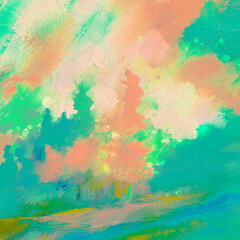 Whimsical Forest Scene w/ Highlights like Bokeh-Digital Painting, Art, Illustration, Design, w/Canvas & Paint Texture in Coral, Teal & Green