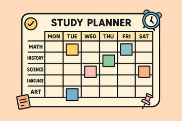 Weekly study planner schedule with subjects and time blocks