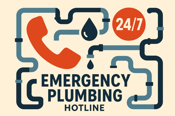 Emergency plumbing hotline 24/7 service graphic with telephone and piping design
