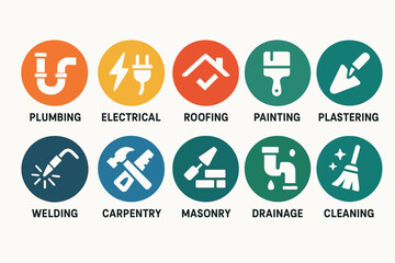 Icons representing plumbing, electrical, and other home improvement services
