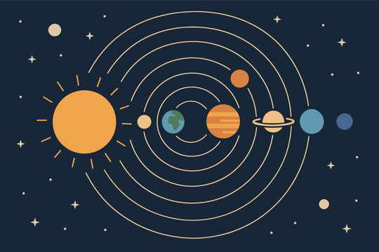 Illustrated solar system with planetary orbits and stars