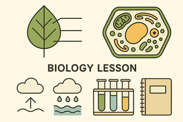 Biology lesson illustrations: leaf, cell diagram, weather cycle, test tubes, notebook