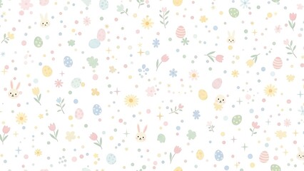 Obraz premium Cute Easter Pattern Elements Vector Tiny Eggs Mini Bunnies Small Flowers Pastel Design Repeatable Fabric Print Style Components Isolated White Background 