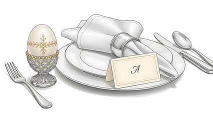 Easter Table Setting Elements Vector Elegant Dining Egg Holder Place Card Napkin Ring Luxury Design Fine Dining Graphics Isolated White Background
