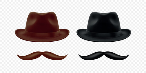 Vector 3d Realistic Hat and Mustache Set in Brown and Black. Vintage Gentleman Hat and Mustache for Barbershop, Retro Costume, Hipster Design. Hat and Mustache Illustration