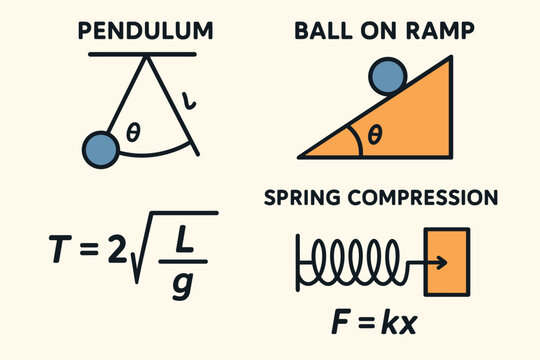 Physics concepts: pendulum, ball on ramp, and spring compression diagrams with formulas
