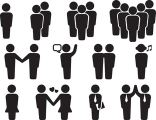 Black silhouettes of people in various poses and groups