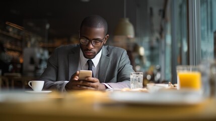 Man in a dark grey suit using smartphone at caf&eacute; table with coffee, food, and drinks in bright, inviting atmosphere