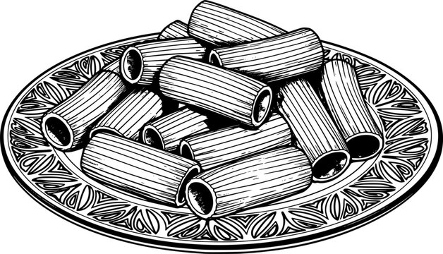 Detailed illustration of rigatoni pasta on a decorative plate in black and white. Vector illustration
