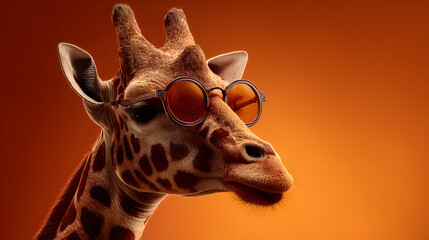 Giraffe wearing sunglasses on a solid color background.