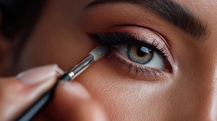 Makeup artist adding final touches with a fine brush on a models eye makeup showcasing meticulous detail work and creative flair in a contemporary photo shoot studio atmosphere.