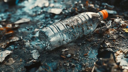 Obraz premium An empty plastic bottle abandoned on the ground in a waterway filled with pollution and debris.