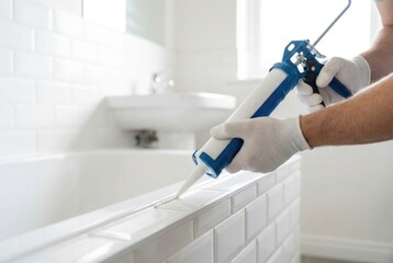 Person applies sealant to tile joint in a bathroom during a home renovation project in daylight hours