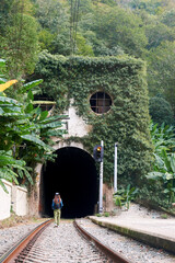 Abandoned railway tracks disappear into a vegetation-choked tunnel where nature conquers human industry.