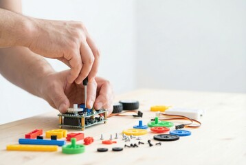 Fototapeta premium Hands work on electronic circuit board with colorful components on wooden table in a bright workspace