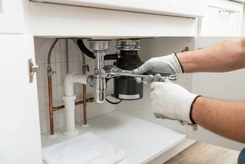 Repair work is done under the kitchen sink with a wrench and gloves during the day to fix a plumbing issue in a residential kitchen setting