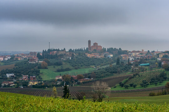 Coriano village in Emilia Romagna, Italy, sitting atop rolling h