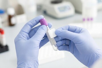 Lab technician handles blood collection tube with gloves in a medical laboratory during daytime hours