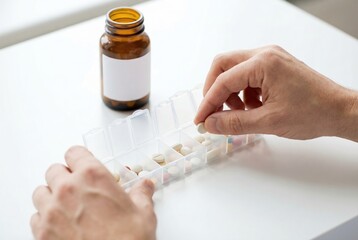 Organizing pills in a weekly medication organizer beside a brown medicine bottle on a white table during daylight hours