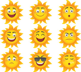 Cartoon sun emojis with different expressions smiling