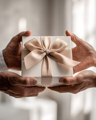 Gift exchange between two people in bright room