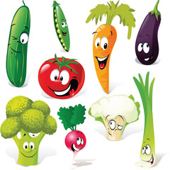 Colorful cartoon vegetables with smiling faces