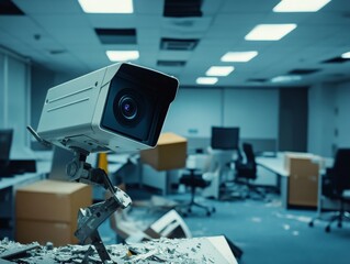 An empty office space littered with debris and an active surveillance camera.
