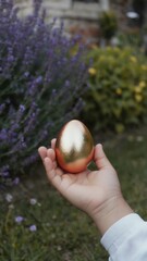 A child's hand holds a shiny golden egg in a garden. Lavender flowers and yellow plants are in the background, symbolizing spring and Easter celebrations.