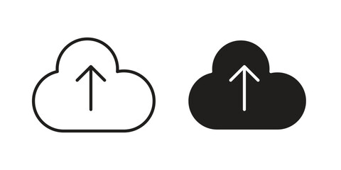 Cloud upload icons in line art and flat black clipart design style