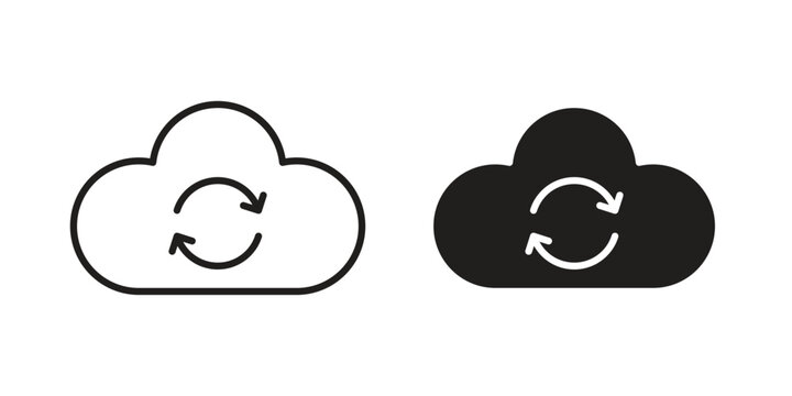 Cloud sync icons in line art and flat black clipart design style