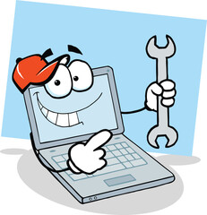Cartoon laptop with smiling face and wrench tool