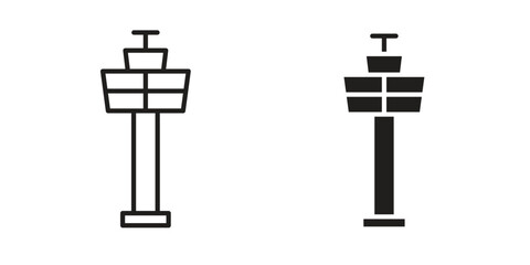 Control Tower icons in line art and flat black clipart design style