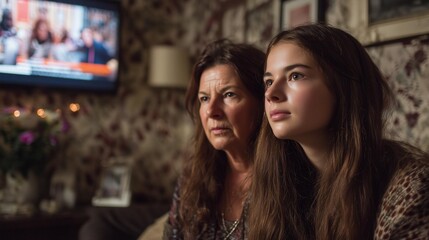 Woman and girl watching television in a cozy living room with soft lighting and floral wallpaper