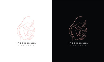 Fototapeta premium A minimalist line drawing of a mother holding her baby on a contrasting white and black background