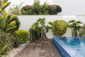 Lush tropical garden featuring vibrant greenery, wooden deck, and a sparkling blue swimming pool, creating a serene outdoor oasis for relaxation and leisure