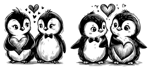Romantic penguin couples with hearts and bow ties in cute sketch style © Cristiano