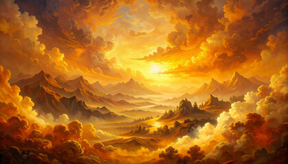 peinture de montagnes dor&eacute;es sous un ciel de nuages au soleil couchant