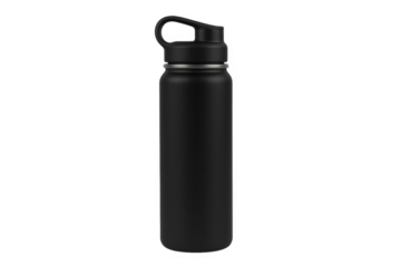 Black insulated water bottle for hydration, transparent background
